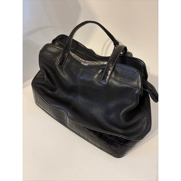 Brighton Black Leather Satchel – Style 368016 | Pebbled + Croc Trim | Zip Top To - Picture 3 of 10